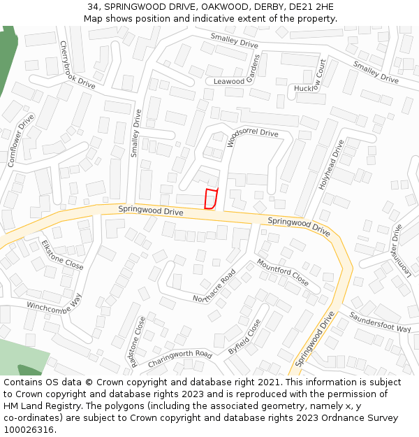 34, SPRINGWOOD DRIVE, OAKWOOD, DERBY, DE21 2HE: Location map and indicative extent of plot