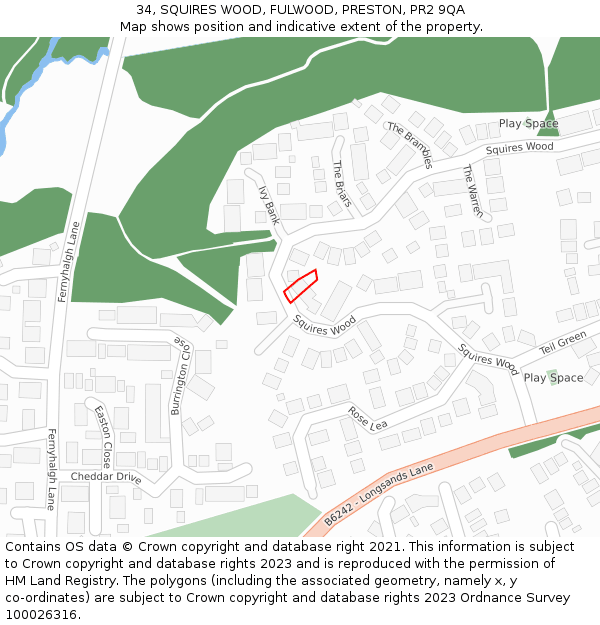 34, SQUIRES WOOD, FULWOOD, PRESTON, PR2 9QA: Location map and indicative extent of plot