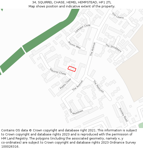 34, SQUIRREL CHASE, HEMEL HEMPSTEAD, HP1 2TL: Location map and indicative extent of plot