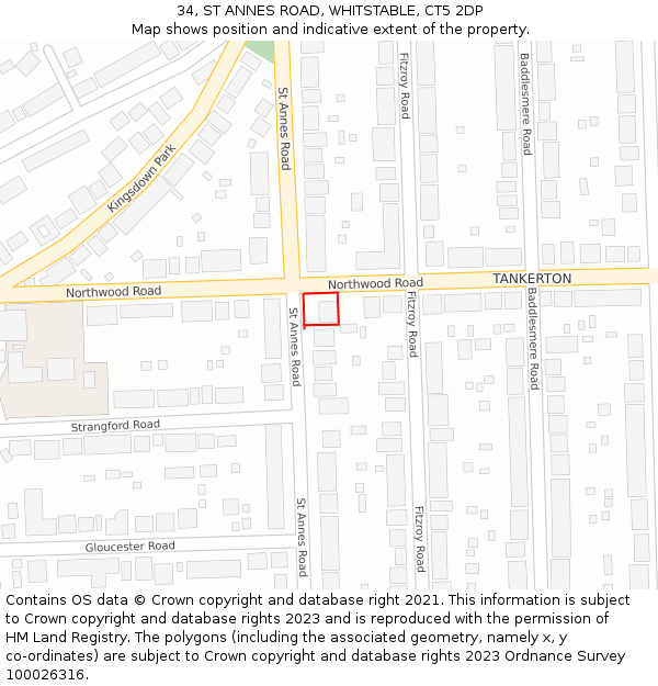 34, ST ANNES ROAD, WHITSTABLE, CT5 2DP: Location map and indicative extent of plot