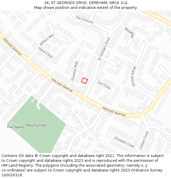 34, ST GEORGES DRIVE, DEREHAM, NR19 1LQ: Location map and indicative extent of plot
