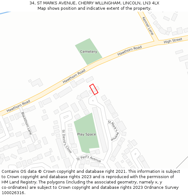 34, ST MARKS AVENUE, CHERRY WILLINGHAM, LINCOLN, LN3 4LX: Location map and indicative extent of plot