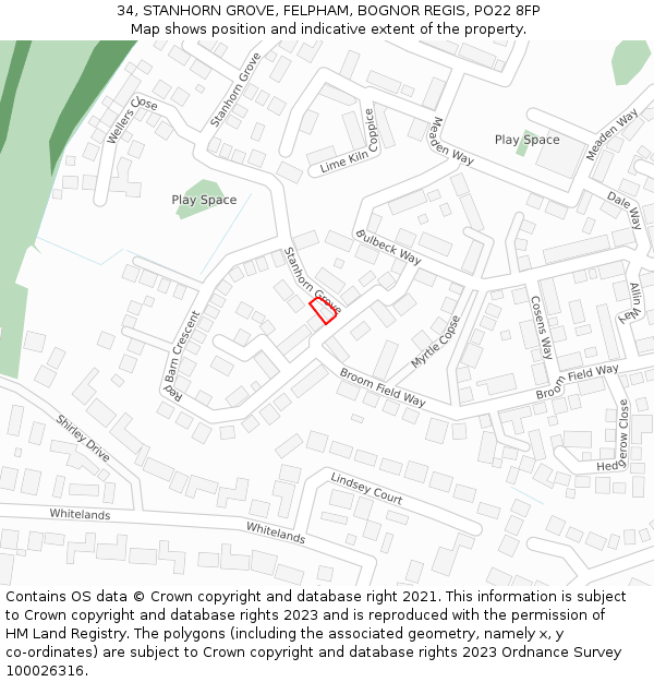 34, STANHORN GROVE, FELPHAM, BOGNOR REGIS, PO22 8FP: Location map and indicative extent of plot