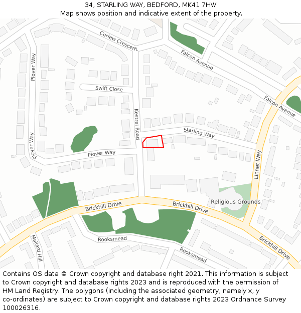 34, STARLING WAY, BEDFORD, MK41 7HW: Location map and indicative extent of plot