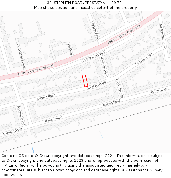 34, STEPHEN ROAD, PRESTATYN, LL19 7EH: Location map and indicative extent of plot