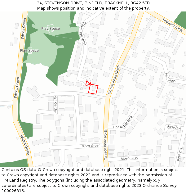 34, STEVENSON DRIVE, BINFIELD, BRACKNELL, RG42 5TB: Location map and indicative extent of plot