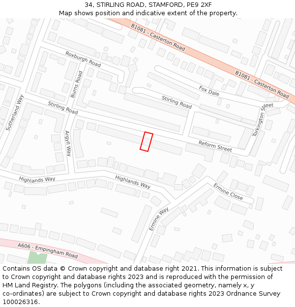 34, STIRLING ROAD, STAMFORD, PE9 2XF: Location map and indicative extent of plot