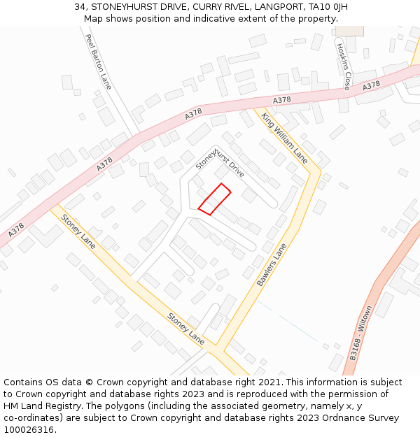 34, STONEYHURST DRIVE, CURRY RIVEL, LANGPORT, TA10 0JH: Location map and indicative extent of plot