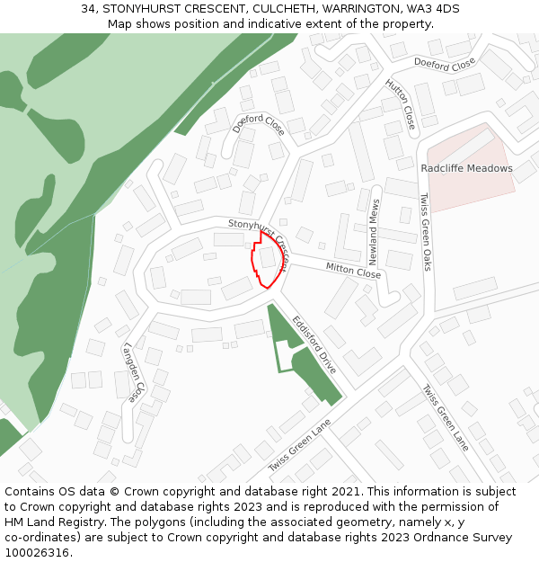 34, STONYHURST CRESCENT, CULCHETH, WARRINGTON, WA3 4DS: Location map and indicative extent of plot