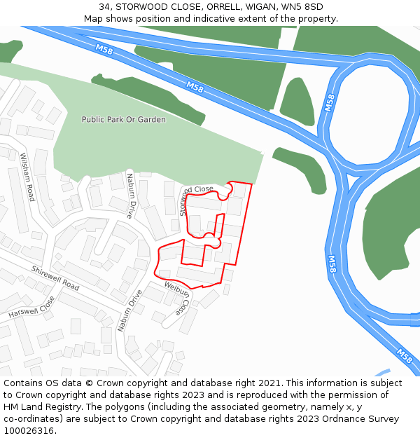 34, STORWOOD CLOSE, ORRELL, WIGAN, WN5 8SD: Location map and indicative extent of plot