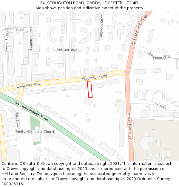 34, STOUGHTON ROAD, OADBY, LEICESTER, LE2 4FL: Location map and indicative extent of plot