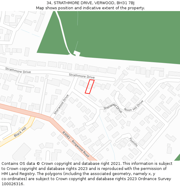 34, STRATHMORE DRIVE, VERWOOD, BH31 7BJ: Location map and indicative extent of plot