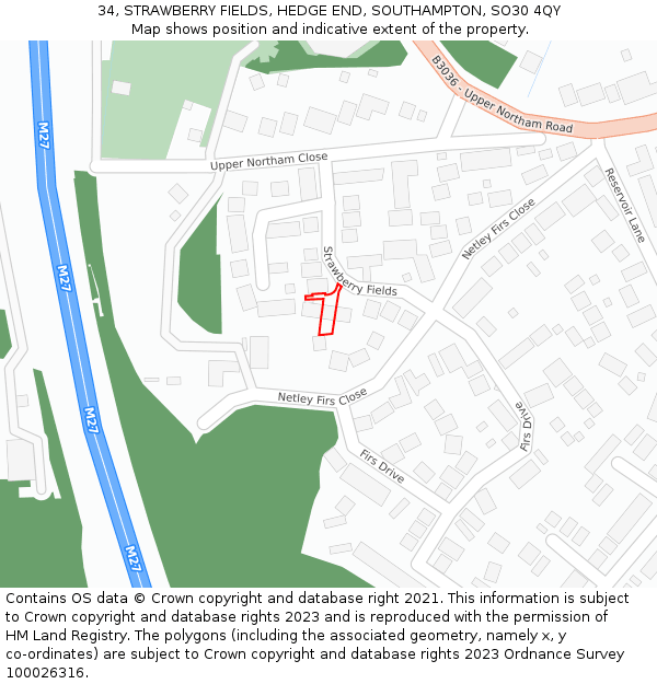 34, STRAWBERRY FIELDS, HEDGE END, SOUTHAMPTON, SO30 4QY: Location map and indicative extent of plot