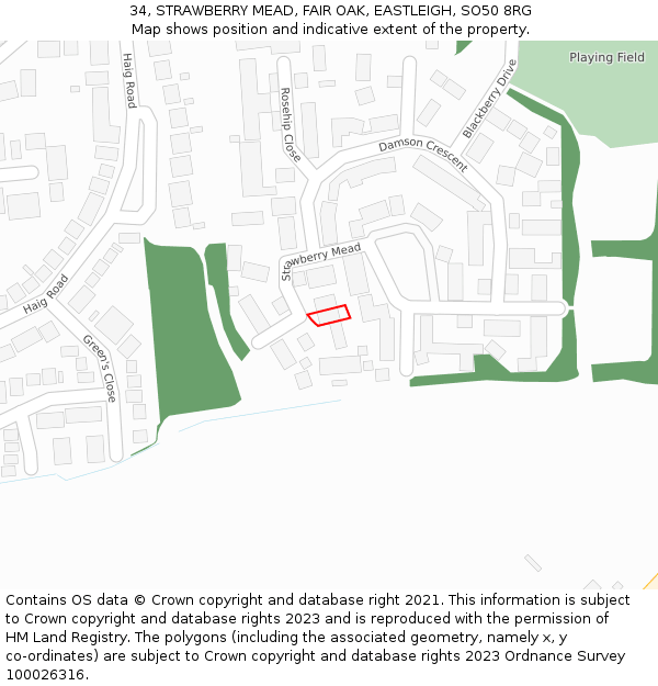 34, STRAWBERRY MEAD, FAIR OAK, EASTLEIGH, SO50 8RG: Location map and indicative extent of plot