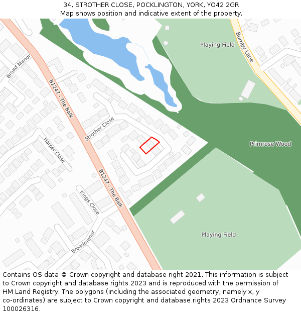 34, STROTHER CLOSE, POCKLINGTON, YORK, YO42 2GR: Location map and indicative extent of plot