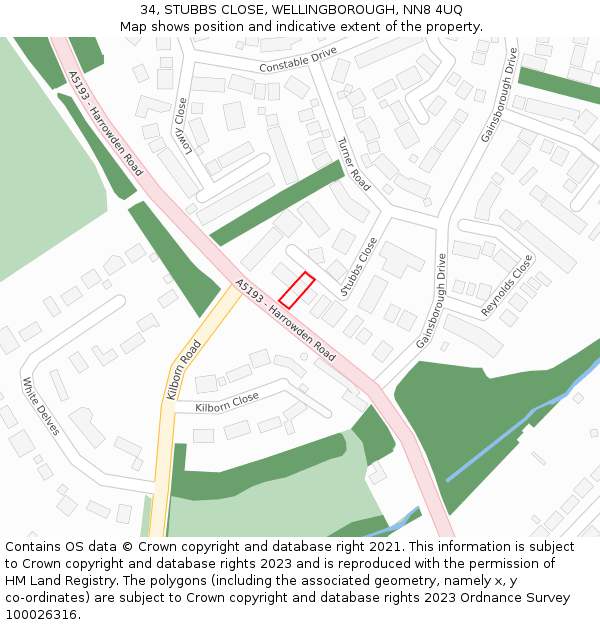 34, STUBBS CLOSE, WELLINGBOROUGH, NN8 4UQ: Location map and indicative extent of plot