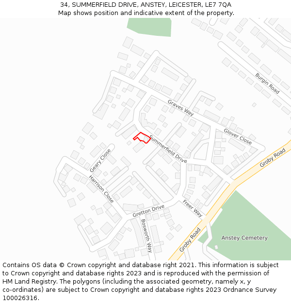 34, SUMMERFIELD DRIVE, ANSTEY, LEICESTER, LE7 7QA: Location map and indicative extent of plot