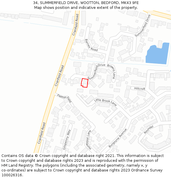 34, SUMMERFIELD DRIVE, WOOTTON, BEDFORD, MK43 9FE: Location map and indicative extent of plot