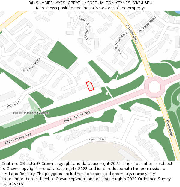 34, SUMMERHAYES, GREAT LINFORD, MILTON KEYNES, MK14 5EU: Location map and indicative extent of plot