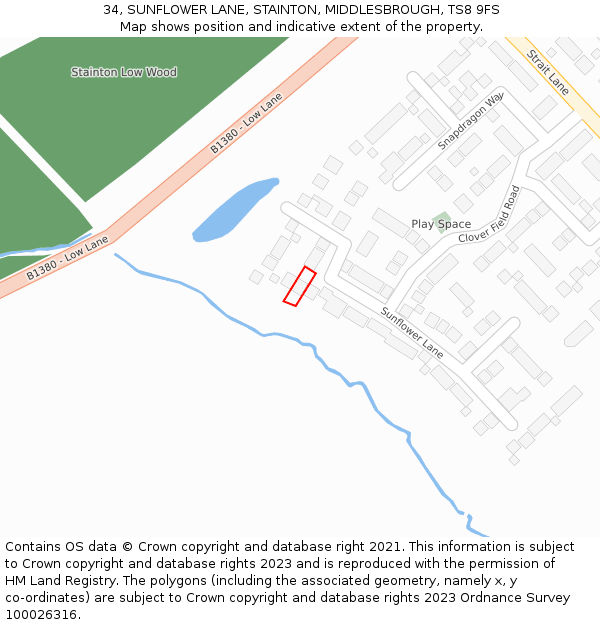 34, SUNFLOWER LANE, STAINTON, MIDDLESBROUGH, TS8 9FS: Location map and indicative extent of plot