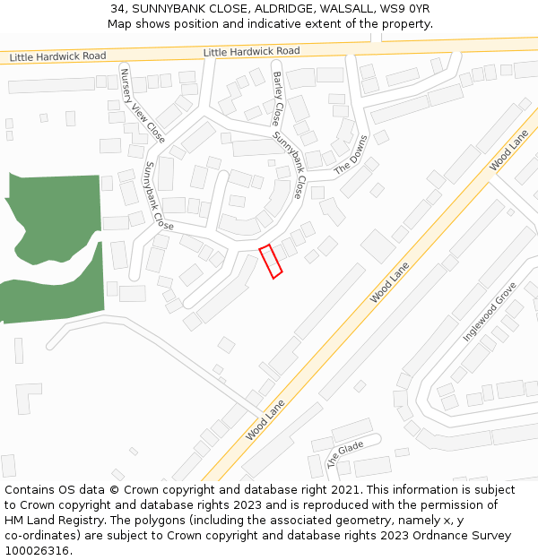 34, SUNNYBANK CLOSE, ALDRIDGE, WALSALL, WS9 0YR: Location map and indicative extent of plot