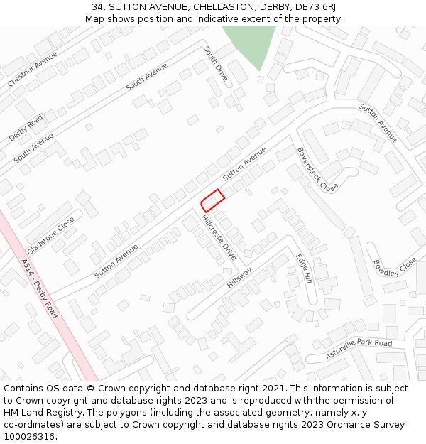 34, SUTTON AVENUE, CHELLASTON, DERBY, DE73 6RJ: Location map and indicative extent of plot