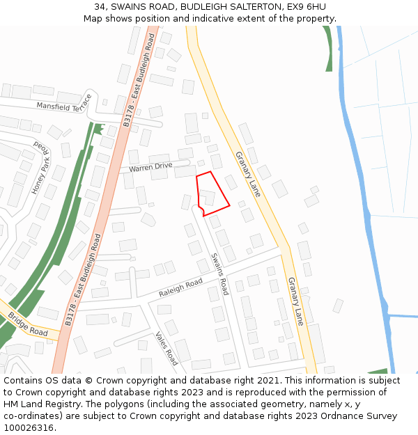 34, SWAINS ROAD, BUDLEIGH SALTERTON, EX9 6HU: Location map and indicative extent of plot