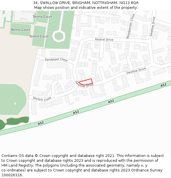34, SWALLOW DRIVE, BINGHAM, NOTTINGHAM, NG13 8QA: Location map and indicative extent of plot