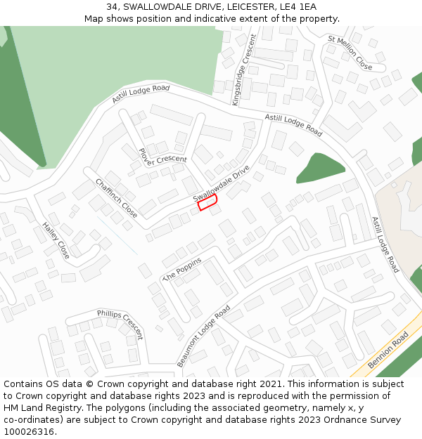 34, SWALLOWDALE DRIVE, LEICESTER, LE4 1EA: Location map and indicative extent of plot