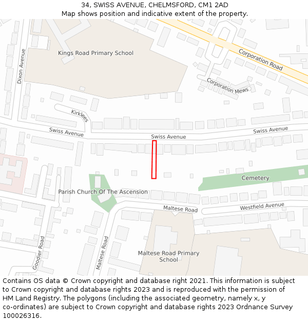 34, SWISS AVENUE, CHELMSFORD, CM1 2AD: Location map and indicative extent of plot