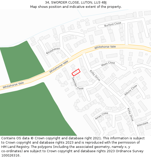 34, SWORDER CLOSE, LUTON, LU3 4BJ: Location map and indicative extent of plot