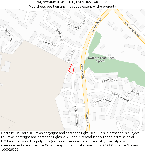 34, SYCAMORE AVENUE, EVESHAM, WR11 1YE: Location map and indicative extent of plot