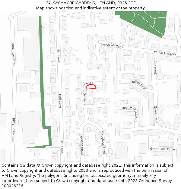 34, SYCAMORE GARDENS, LEYLAND, PR25 3DF: Location map and indicative extent of plot