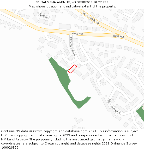 34, TALMENA AVENUE, WADEBRIDGE, PL27 7RR: Location map and indicative extent of plot