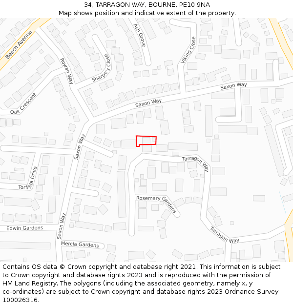 34, TARRAGON WAY, BOURNE, PE10 9NA: Location map and indicative extent of plot