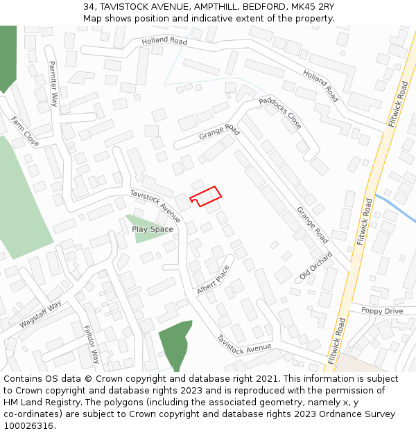 34, TAVISTOCK AVENUE, AMPTHILL, BEDFORD, MK45 2RY: Location map and indicative extent of plot