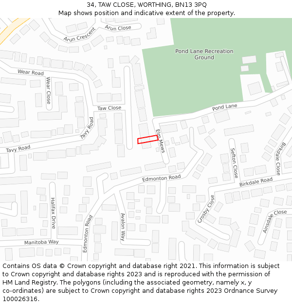 34, TAW CLOSE, WORTHING, BN13 3PQ: Location map and indicative extent of plot