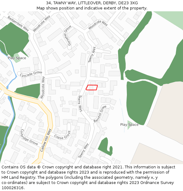 34, TAWNY WAY, LITTLEOVER, DERBY, DE23 3XG: Location map and indicative extent of plot