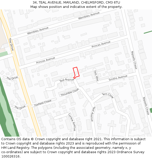 34, TEAL AVENUE, MAYLAND, CHELMSFORD, CM3 6TU: Location map and indicative extent of plot