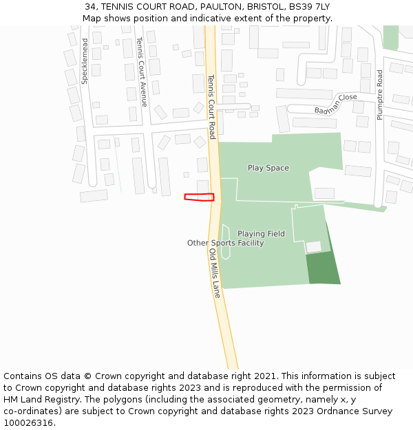 34, TENNIS COURT ROAD, PAULTON, BRISTOL, BS39 7LY: Location map and indicative extent of plot