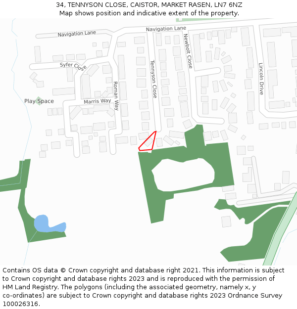 34, TENNYSON CLOSE, CAISTOR, MARKET RASEN, LN7 6NZ: Location map and indicative extent of plot