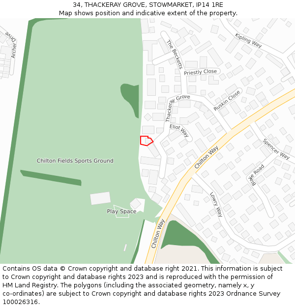 34, THACKERAY GROVE, STOWMARKET, IP14 1RE: Location map and indicative extent of plot