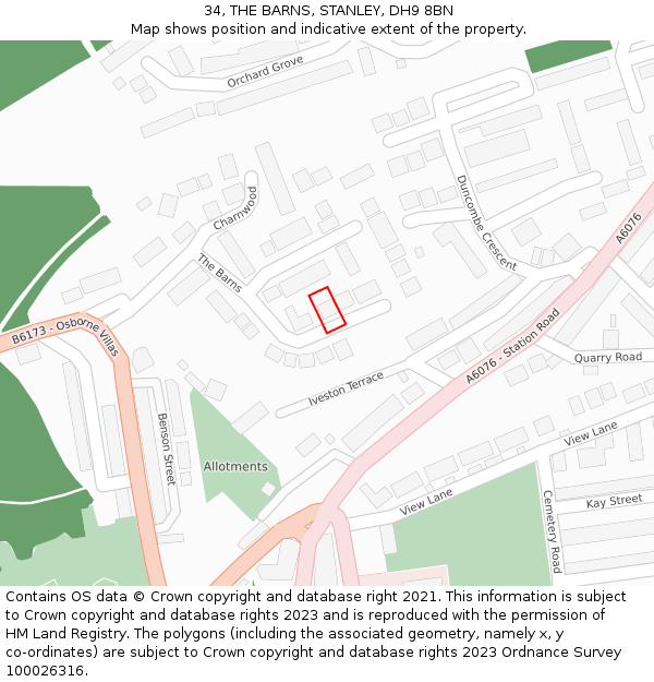 34, THE BARNS, STANLEY, DH9 8BN: Location map and indicative extent of plot