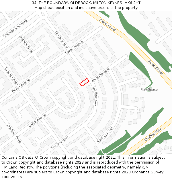 34, THE BOUNDARY, OLDBROOK, MILTON KEYNES, MK6 2HT: Location map and indicative extent of plot