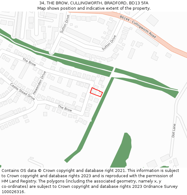 34, THE BROW, CULLINGWORTH, BRADFORD, BD13 5FA: Location map and indicative extent of plot