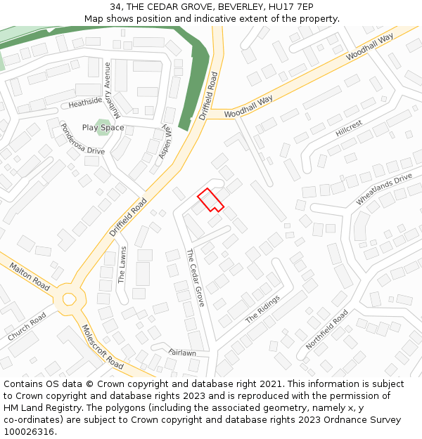 34, THE CEDAR GROVE, BEVERLEY, HU17 7EP: Location map and indicative extent of plot