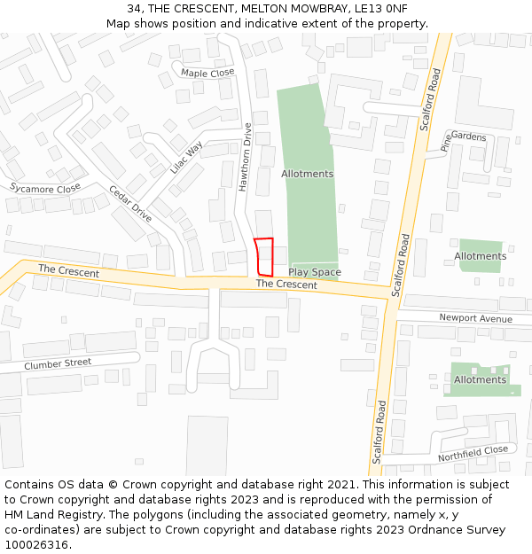 34, THE CRESCENT, MELTON MOWBRAY, LE13 0NF: Location map and indicative extent of plot