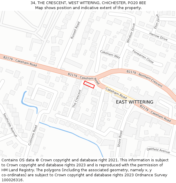 34, THE CRESCENT, WEST WITTERING, CHICHESTER, PO20 8EE: Location map and indicative extent of plot