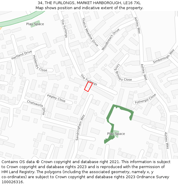 34, THE FURLONGS, MARKET HARBOROUGH, LE16 7XL: Location map and indicative extent of plot