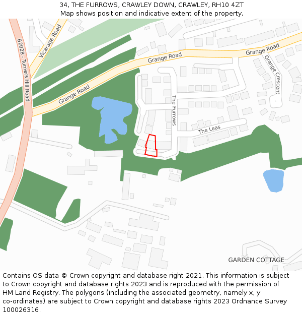 34, THE FURROWS, CRAWLEY DOWN, CRAWLEY, RH10 4ZT: Location map and indicative extent of plot